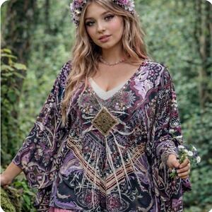 Cato Purple Paisley Beaded V-Neck Slinky Knit Top Sz 18/20W Bohemian Y2K Fairy